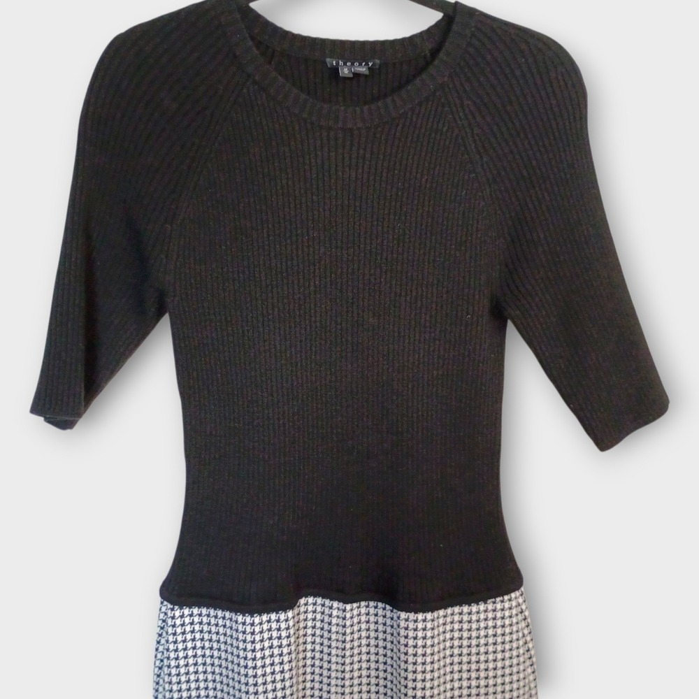 Theory Black Knit Houndstooth Dress Sz M Womens Career Professional Preppy - Picture 5 of 12